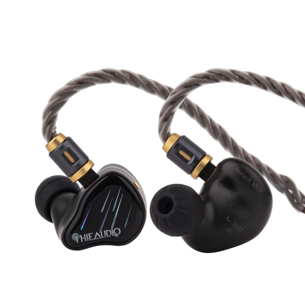Two black Thieaudio Monarch MKIV In-Ear Headphones with detachable braided cables are shown. One earpiece displays the Thieaudio logo, the other model details. Both feature silicone ear tips and an adjustable tuning switch.
