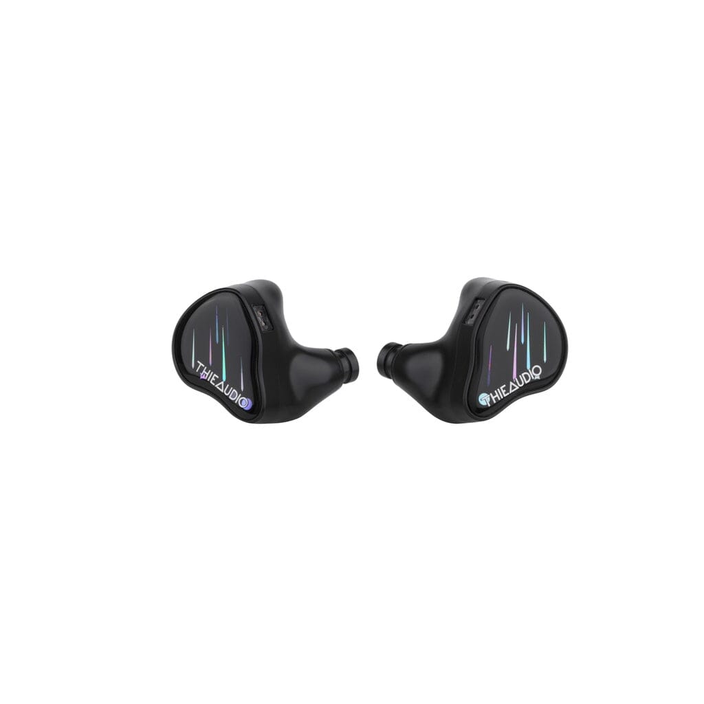 A pair of black Thieaudio Monarch MKIV In-Ear Headphones feature THIEAUDIO branding and a colorful vertical line design on each earbud, shown against a white background.