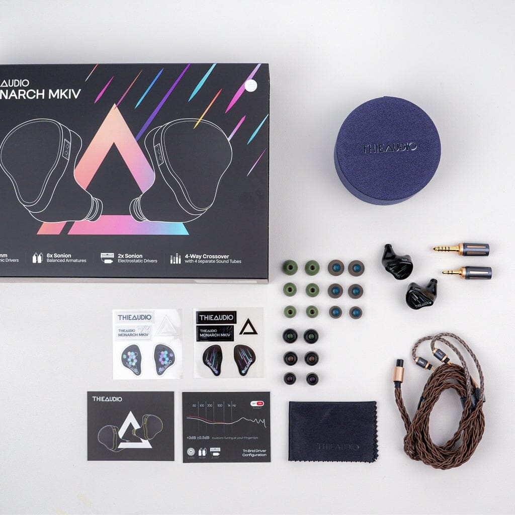 Flat lay of the Thieaudio Monarch MKIV In-Ear Headphones set, including box, two earphones with adjustable tuning switch, cable, various ear tips, round blue case, cleaning cloth, adapters, and info cards on a light background.