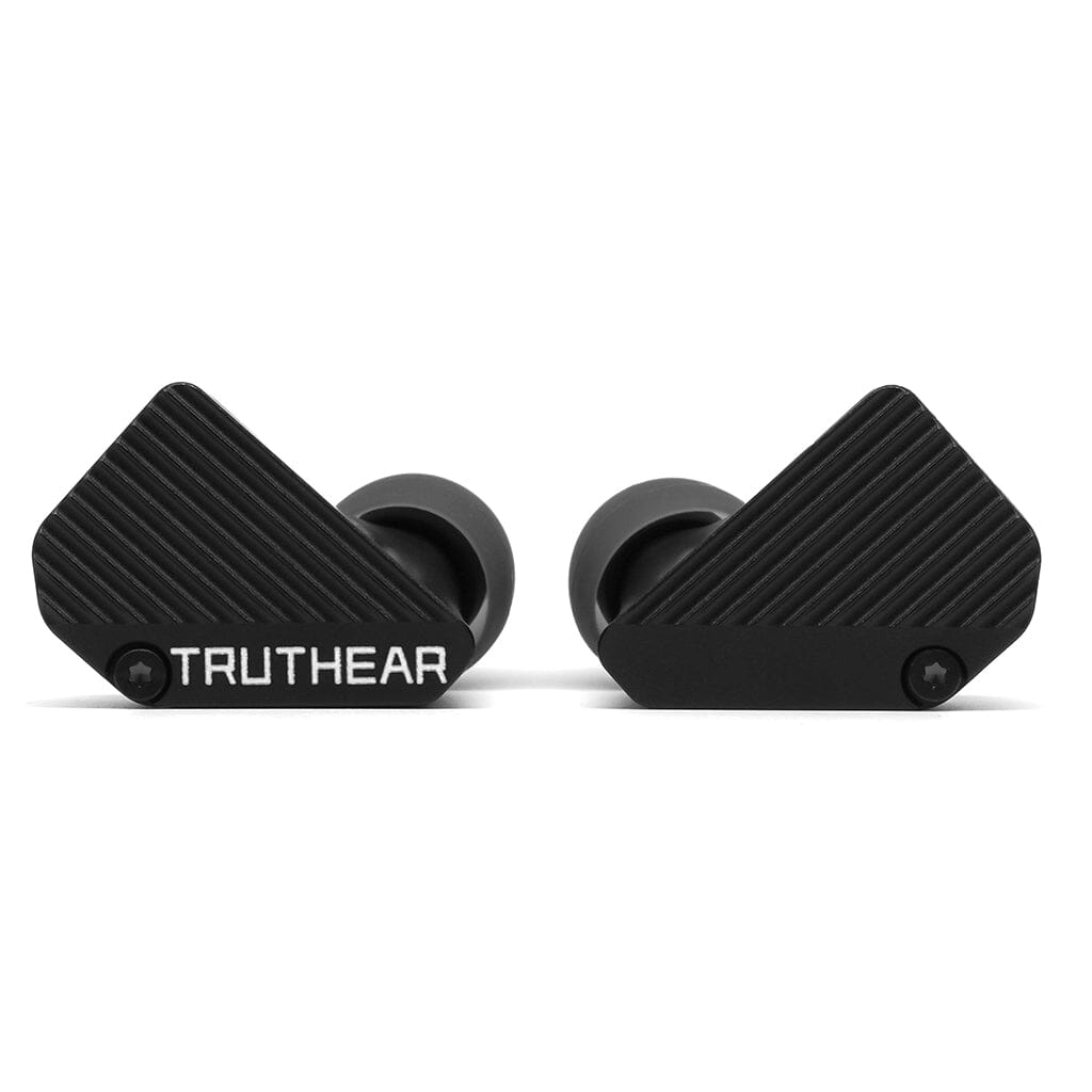 The TRUTHEAR Pure In-Ear Headphones feature a black, textured angular design, TRUTHEAR printed in white on the left earpiece, rubber tips for comfort, and hybrid 4-driver technology for exceptional sound quality.