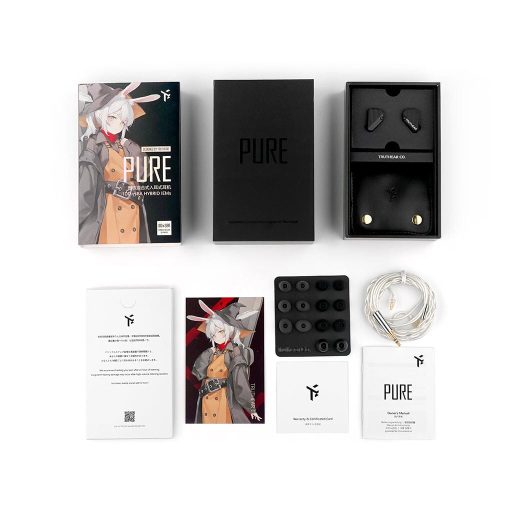 Flat lay of the TRUTHEAR Truthear Pure In-Ear Headphones packaging, showing hybrid 4-driver earphones, box, assorted ear tips, white cable, manuals, warranty card, and anime-themed artwork on both the box and a card.
