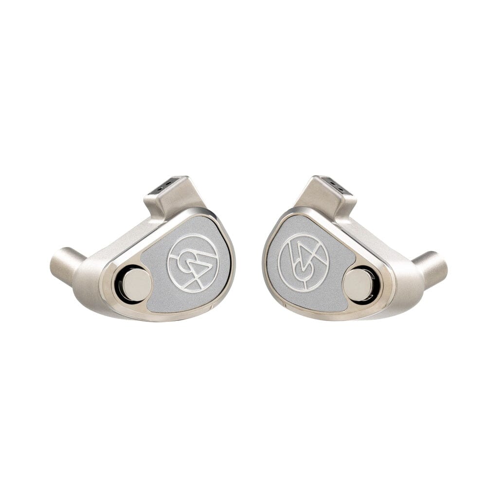The 64 Audio TWELVE Ti In-Ear Headphones by 64 Audio feature a silver and gray finish, circular designs, and engraved logos on each titanium earpiece.