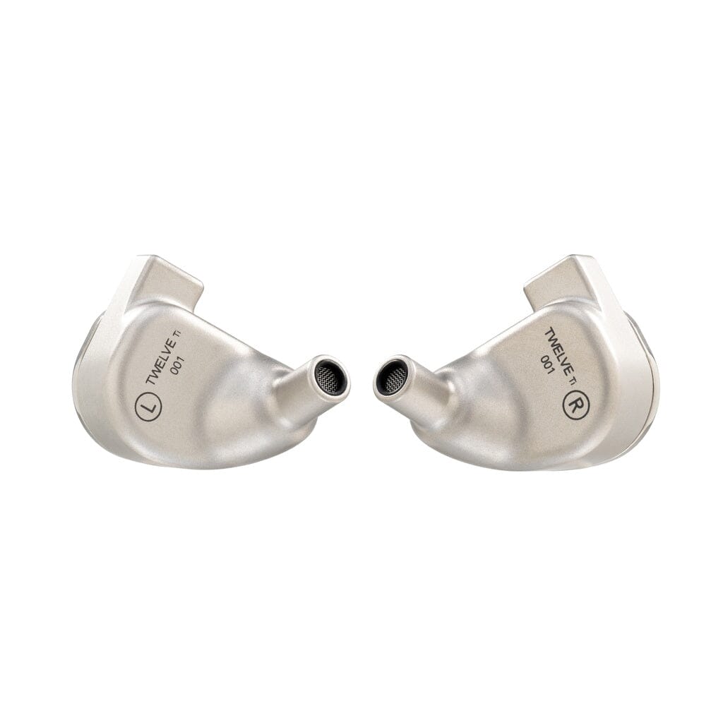 Two metallic, curved medical implants labeled L and R (TKA/E-11 001 and TKA/E-11 009) with cylindrical connectors are shown on white, resembling the sleek titanium finish of the 64 Audio TWELVE Ti In-Ear Headphones by 64 Audio.