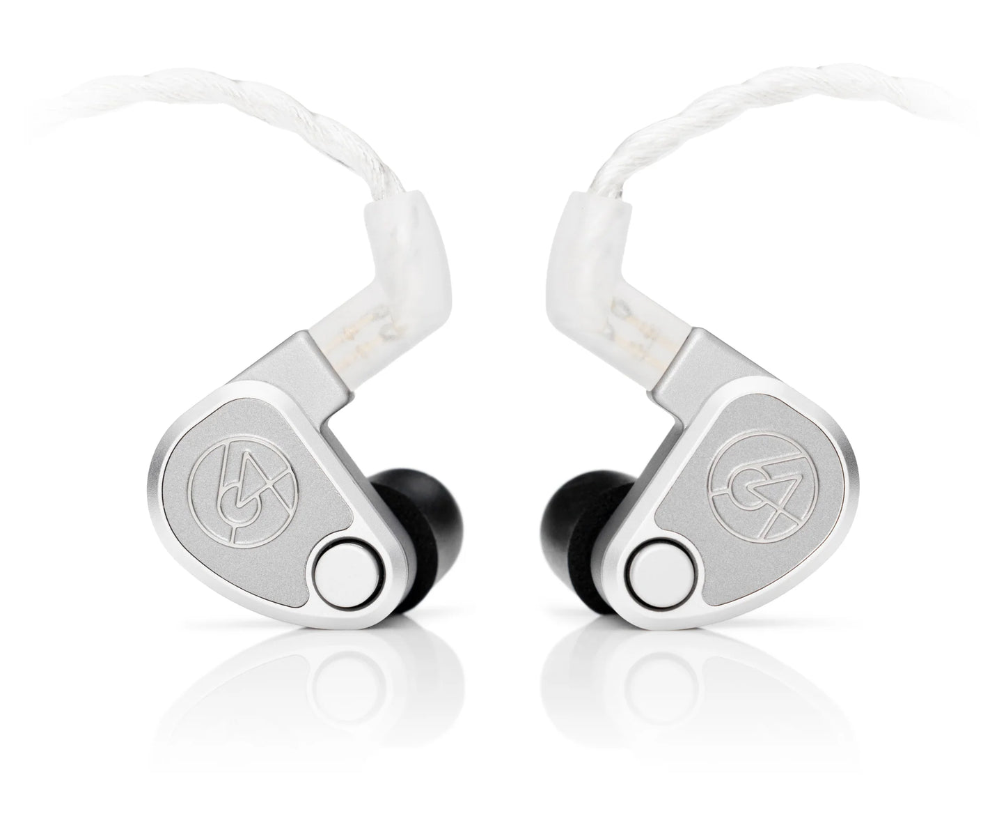 A pair of 64 Audio U12t In-Ear Headphones by 64 Audio in silver with black ear tips, a braided white cable, and a circular logo on each earpiece are shown on a white background.