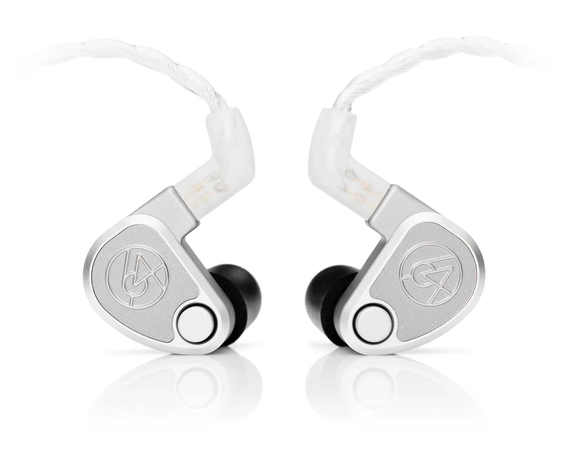 A pair of 64 Audio U12t In-Ear Headphones by 64 Audio in silver with black ear tips, a braided white cable, and a circular logo on each earpiece are shown on a white background.