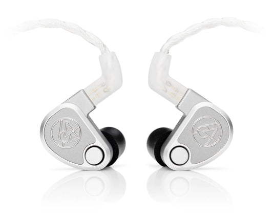A pair of 64 Audio U12t In-Ear Headphones by 64 Audio in silver with black ear tips, a braided white cable, and a circular logo on each earpiece are shown on a white background.