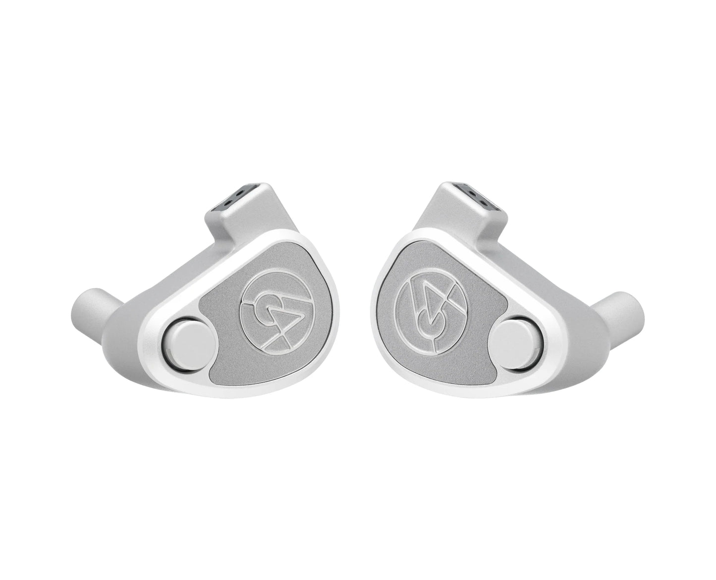A pair of silver and white 64 Audio U12t In-Ear Headphones by 64 Audio, featuring a geometric design and stylized A logos on each earpiece, displayed against a white background.