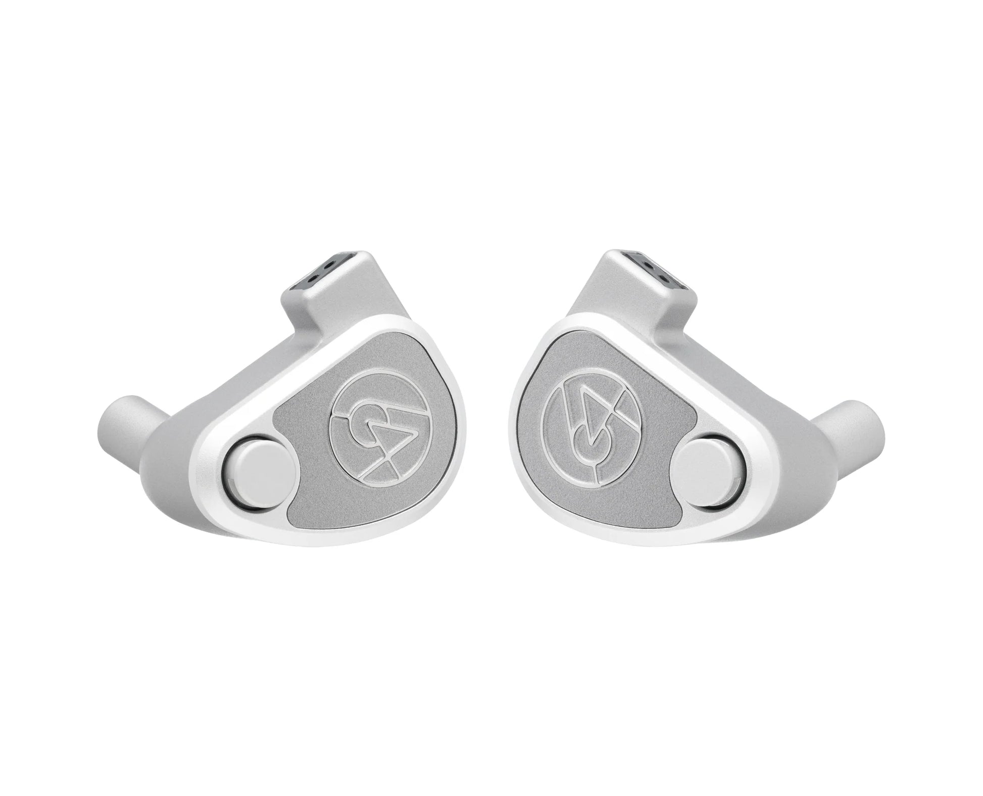 A pair of silver and white 64 Audio U12t In-Ear Headphones by 64 Audio, featuring a geometric design and stylized A logos on each earpiece, displayed against a white background.