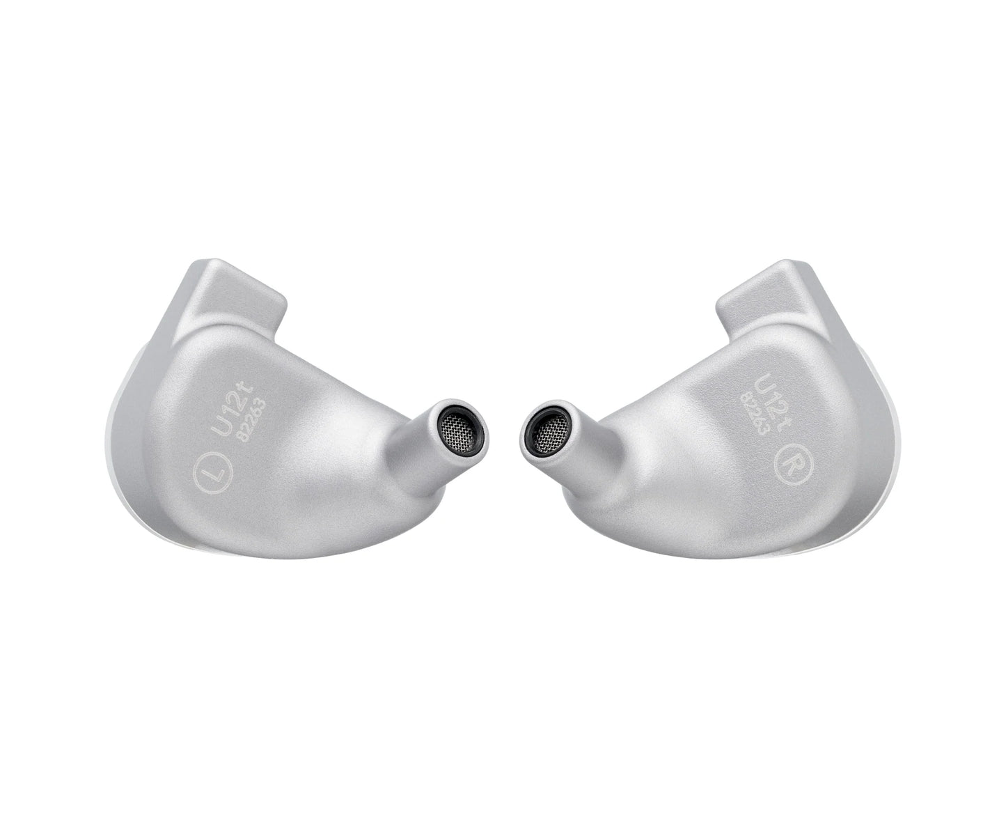 A pair of 64 Audio U12t In-Ear Headphones by 64 Audio, in silver, labeled L and R with mesh-covered nozzles, are positioned side by side facing inward on a white background.