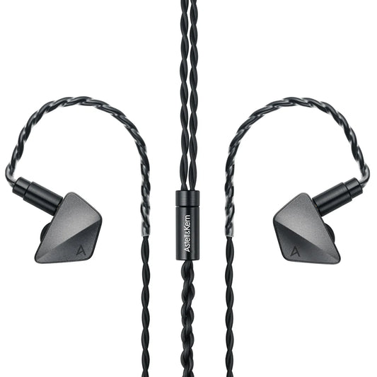 A pair of black Astell & Kern Zero 1 In-Ear Headphones (Special Edition, Clearance) with twisted cables and angular earpieces are symmetrically displayed on a white background, featuring the Astell & Kern brand on the central cable segment.