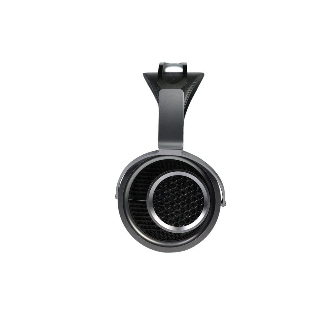 A top-down view of a single Aune Audio AR9000 Headphone featuring an open-back design with a black mesh grille and silver accents, set against a white background.
