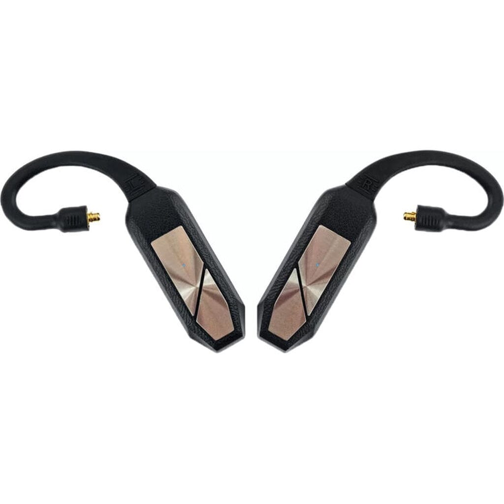 The iFi Audio GO POD Ear Loop Optional Connectors by iFi Audio are black, angular Bluetooth ear hooks with gold connectors and mirrored inlays for IEM standards, shown on a white background. Clearance item.