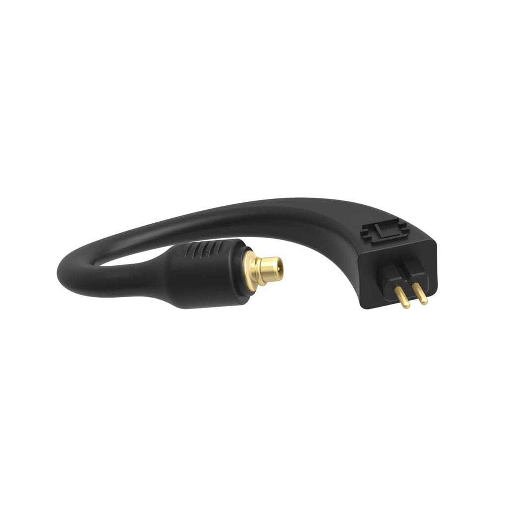 A black, curved audio cable from iFi Audio, the GO POD Ear Loop Optional Connector (Clearance), features a gold-plated RCA plug and two-prong connector for in-ear monitor compatibility, shown isolated on white.