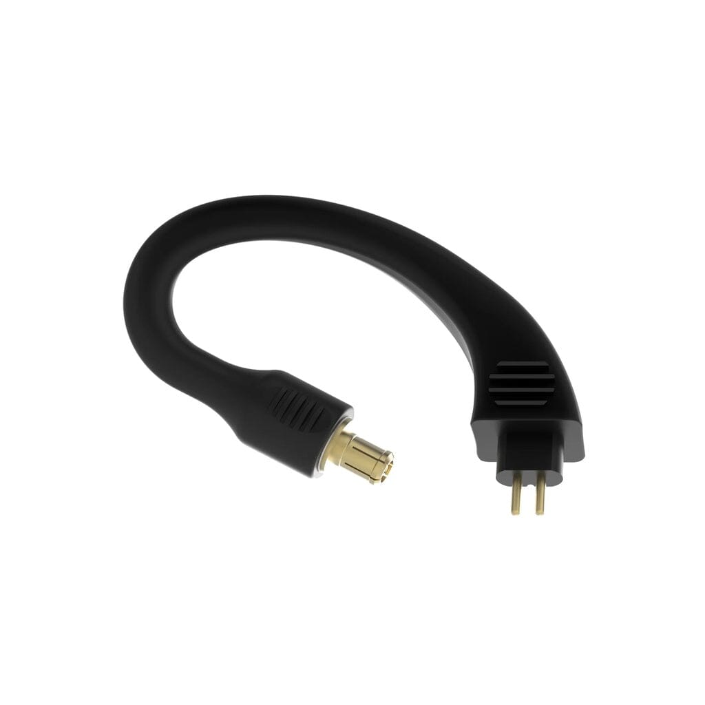 The iFi Audio GO POD Ear Loop Optional Connectors by iFi Audio are black, curved adapters with gold-plated cylindrical connectors and dual gold prongs, designed as Bluetooth system accessories, shown on a white background.