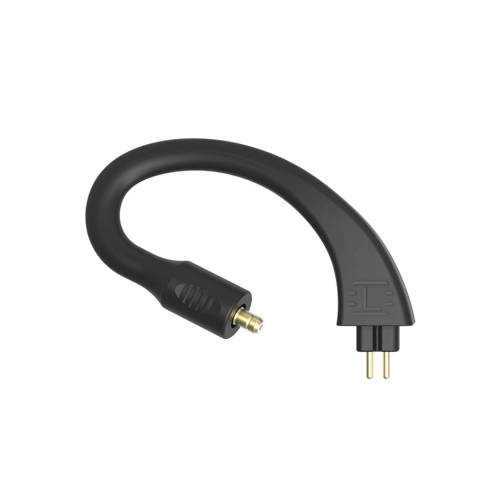 The iFi Audio GO POD Ear Loop Optional Connectors by iFi Audio are black, flexible adapters with a right-angle design, featuring a coaxial connector and two metal prongs—ideal for Bluetooth in-ear monitor use. Shown on a white background.