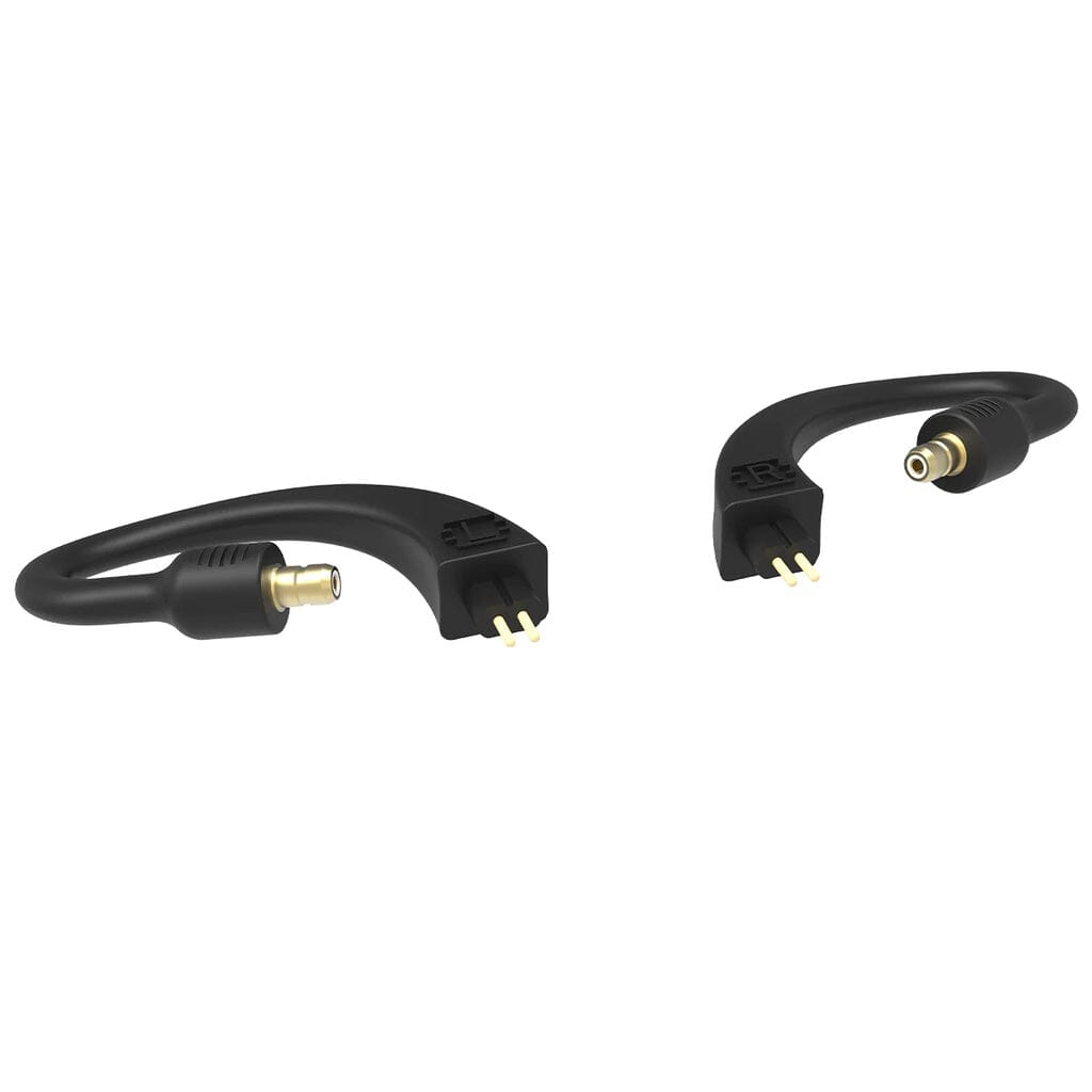Two black right-angle adapters with gold-plated coaxial connectors and three prongs each, shown on a white background—perfect for matching iFi Audio GO POD Ear Loop Optional Connectors (Clearance) standards by iFi Audio.