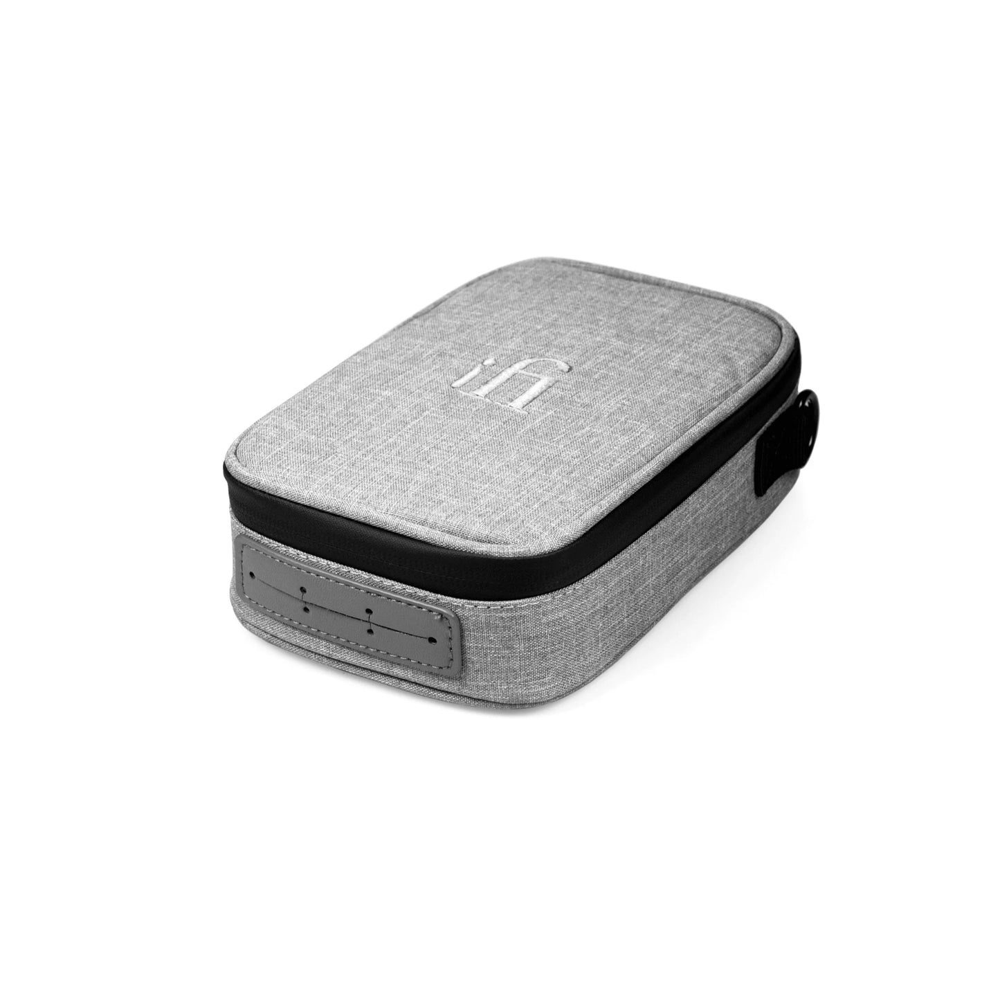 The iFi Audio iTraveller Carry Case by iFi Audio is a rectangular light gray fabric travel case with black zipper and trim, embossed logo on top, and a stitched leather patch—ideal for portable DACs or audio accessories. Shown against a white background.