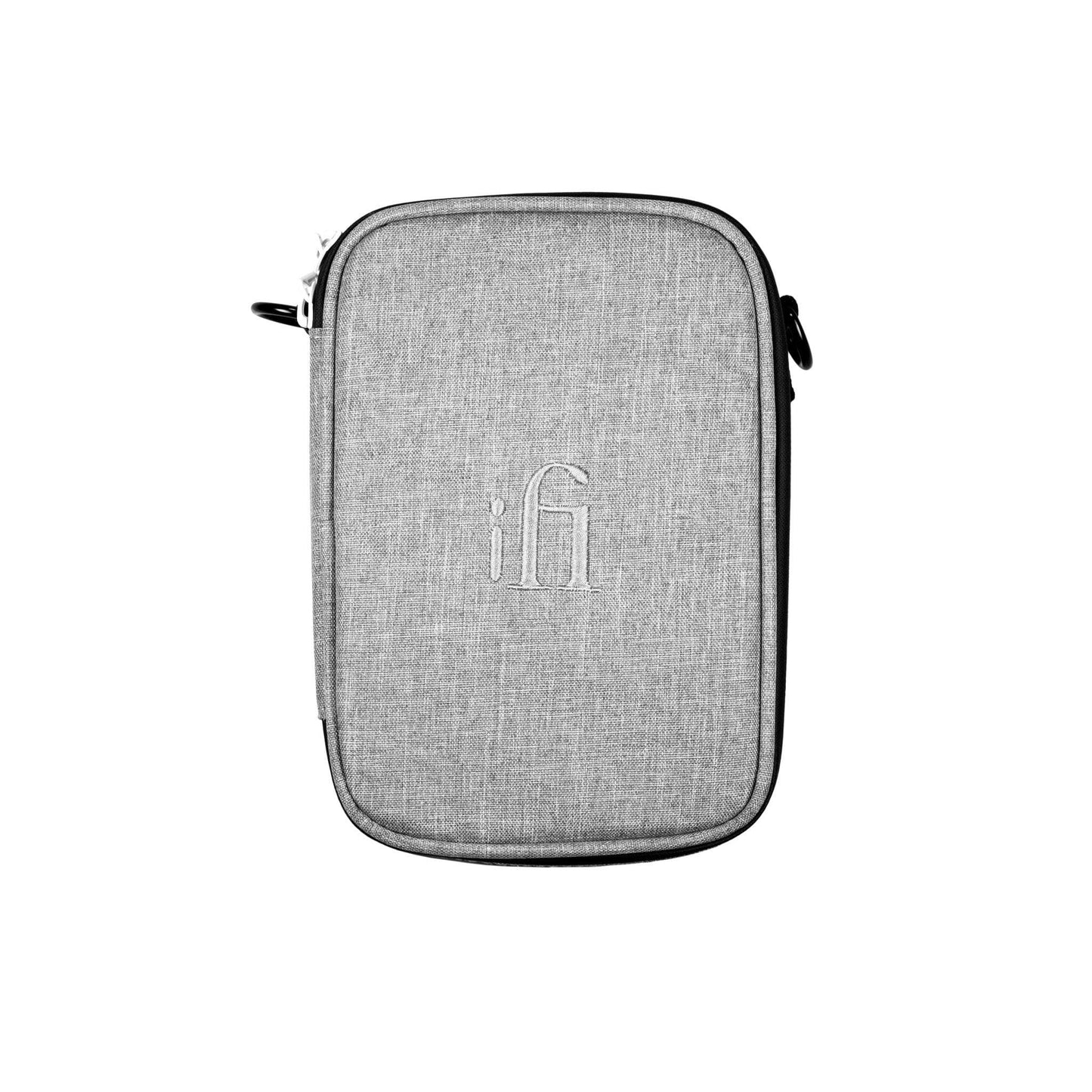 The iFi Audio iTraveller Carry Case by iFi Audio is a light gray rectangular fabric case with a zipper and subtle embroidered logo, ideal for carrying portable DACs and accessories. Photographed on a white background. Clearance item.