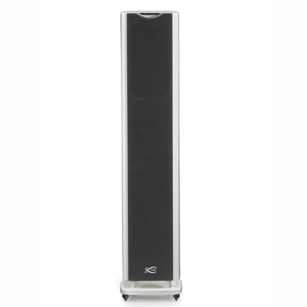 The Cabasse JAVA MC40 Floorstanding Speaker features a tall, rectangular design with a black grille and silver frame, delivering high-fidelity sound on a matching silver base, all showcased against a white background.