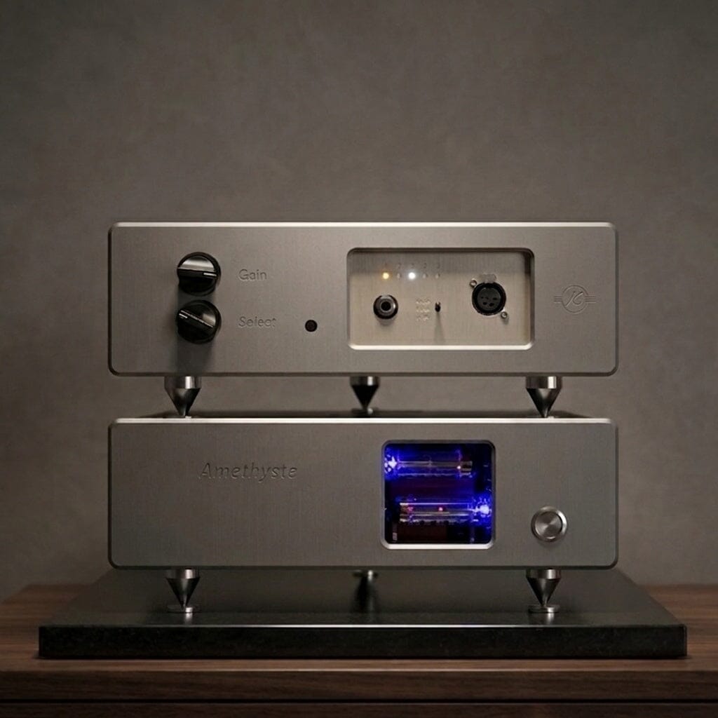 Two stacked silver Kallyste audio components sit on a wooden surface. The top unit, the Kallyste Amethyste—Open Box—Clearance, serves as a reference headphone amplifier with knobs, input ports, and indicator lights; below it is a tube preamplifier featuring a glowing blue-lit window that displays its vacuum tubes.