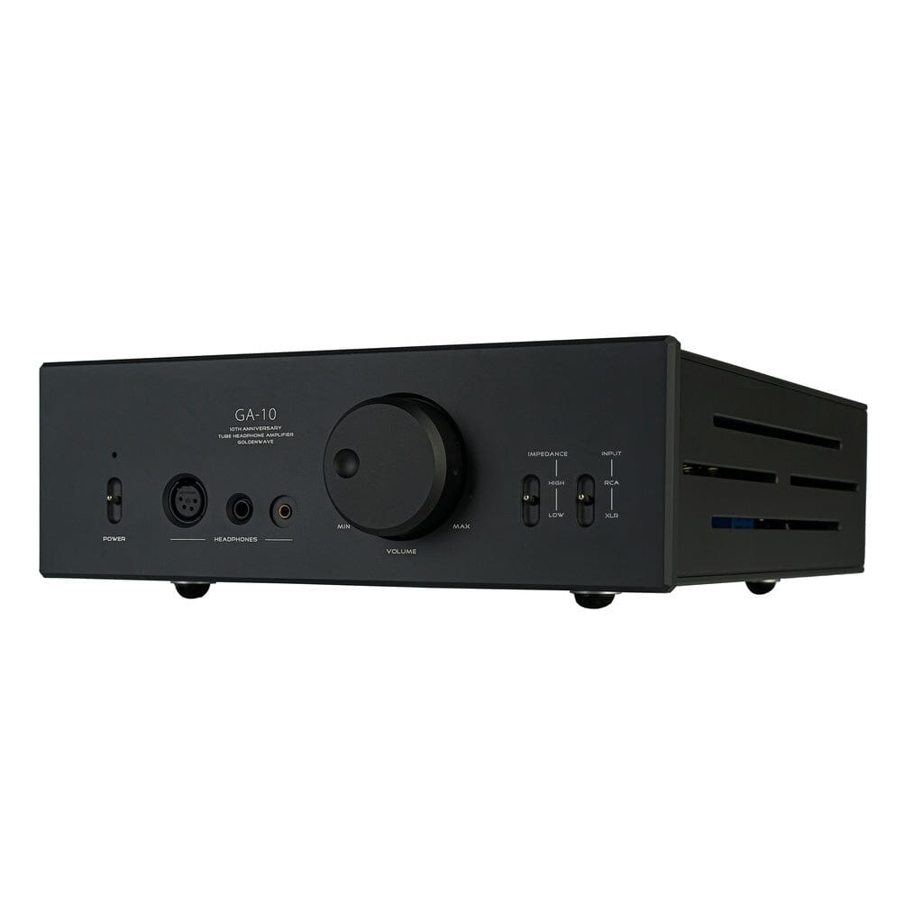 The HIFIMAN GoldenWave GA-10 10th Anniversary Tube Headphone Amplifier - Clearance by Hifiman, finished in black and featuring a prominent central volume knob, multiple input ports, clearly labeled switches, and side vents, is shown against a white background—an ideal match for high-end headphones.
