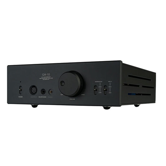 The HIFIMAN GoldenWave GA-10 10th Anniversary Tube Headphone Amplifier - Clearance by Hifiman, finished in black and featuring a prominent central volume knob, multiple input ports, clearly labeled switches, and side vents, is shown against a white background—an ideal match for high-end headphones.