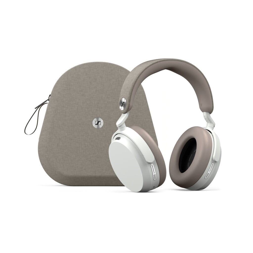 The Sennheiser Momentum 5 Wireless Headphones in white and taupe feature cushioned ear pads for comfort. Displayed on a white background, they come with a matching taupe zippered carrying case with a small handle.
