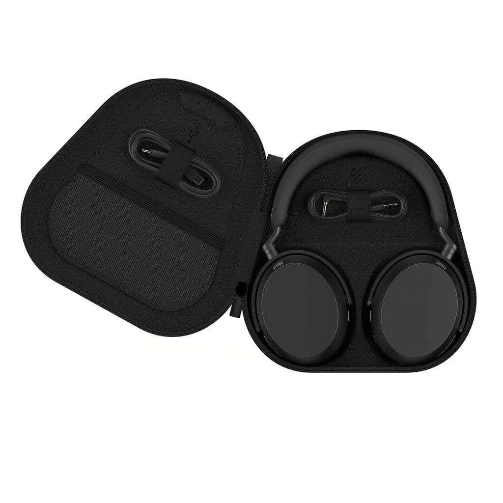 The Sennheiser Momentum 5 Wireless Headphones and charging cable come neatly packed in a black hard-shell carrying case featuring a mesh pocket.