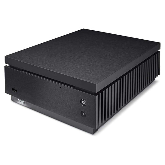 The Naim Uniti Core Music Server is a black, rectangular device with textured, vented sides and front panel featuring the Naim logo, power button, another button, and USB port—perfect for managing your digital music collection.