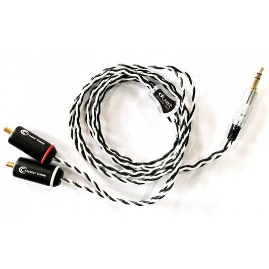 The Crystal Cables Crystal Cable DUET for Focal Utopia is a black and white braided audio cable with a 3.5mm jack and two RCA connectors, perfect for high-end portable audio setups. Shown on a white background.