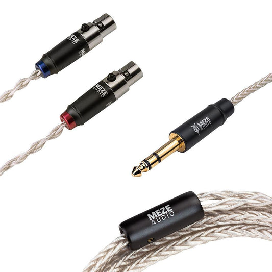 The Meze Audio Silver PCUHD 4-Pin Mini-XLR Replacement Cable is a braided silver-plated copper upgrade with a 6.3mm stereo jack, red and blue XLR connectors, and a black Meze label—ideal for mini-XLR headphones.