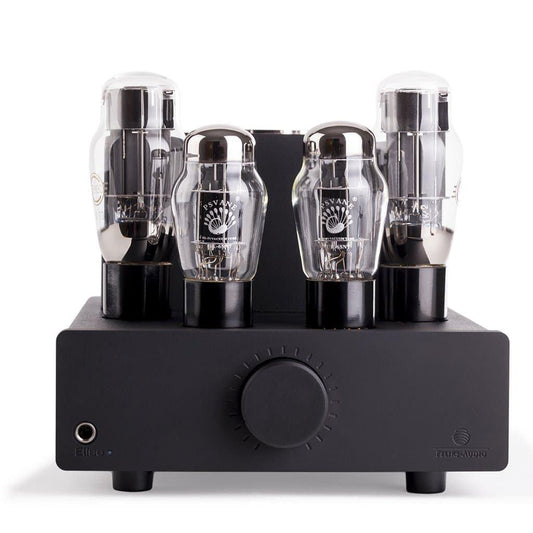 The Feliks Audio Elise MK II is a black headphone amplifier with five large vacuum tubes, a central control knob, headphone jack, and the Feliks Audio logo—ideal as a high-fidelity preamplifier.