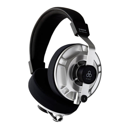 The Final Audio D8000 Pro headphones by Final Audio are professional over-ear headphones featuring a black headband with D8000 Pro Edition, silver ear cup frames, and black ear cushions.