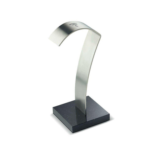 The Focal Headphone Stand by Focal features a modern, minimalist design with a curved metal support and sleek black square base, offering stylish storage for your Elear headphones.