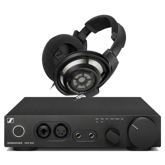 A pair of black high-end headphones sits atop a Sennheiser HDV 820 Headphone Amplifier, which features multiple control knobs, input ports, the Sennheiser logo, and an advanced ESS SABRE32 DAC for outstanding audio quality.