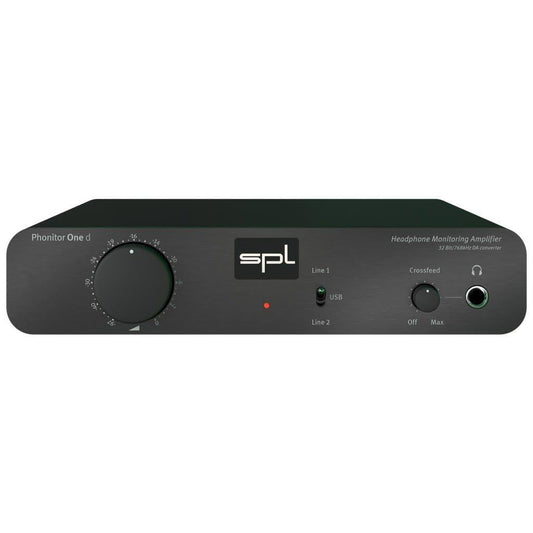 The SPL Phonitor One D by SPL is a black audiophile headphone amplifier featuring a large volume knob, input switches, Phonitor Matrix crossfeed control, LED indicators, headphone jack, and a central SPL logo for superior sound quality.