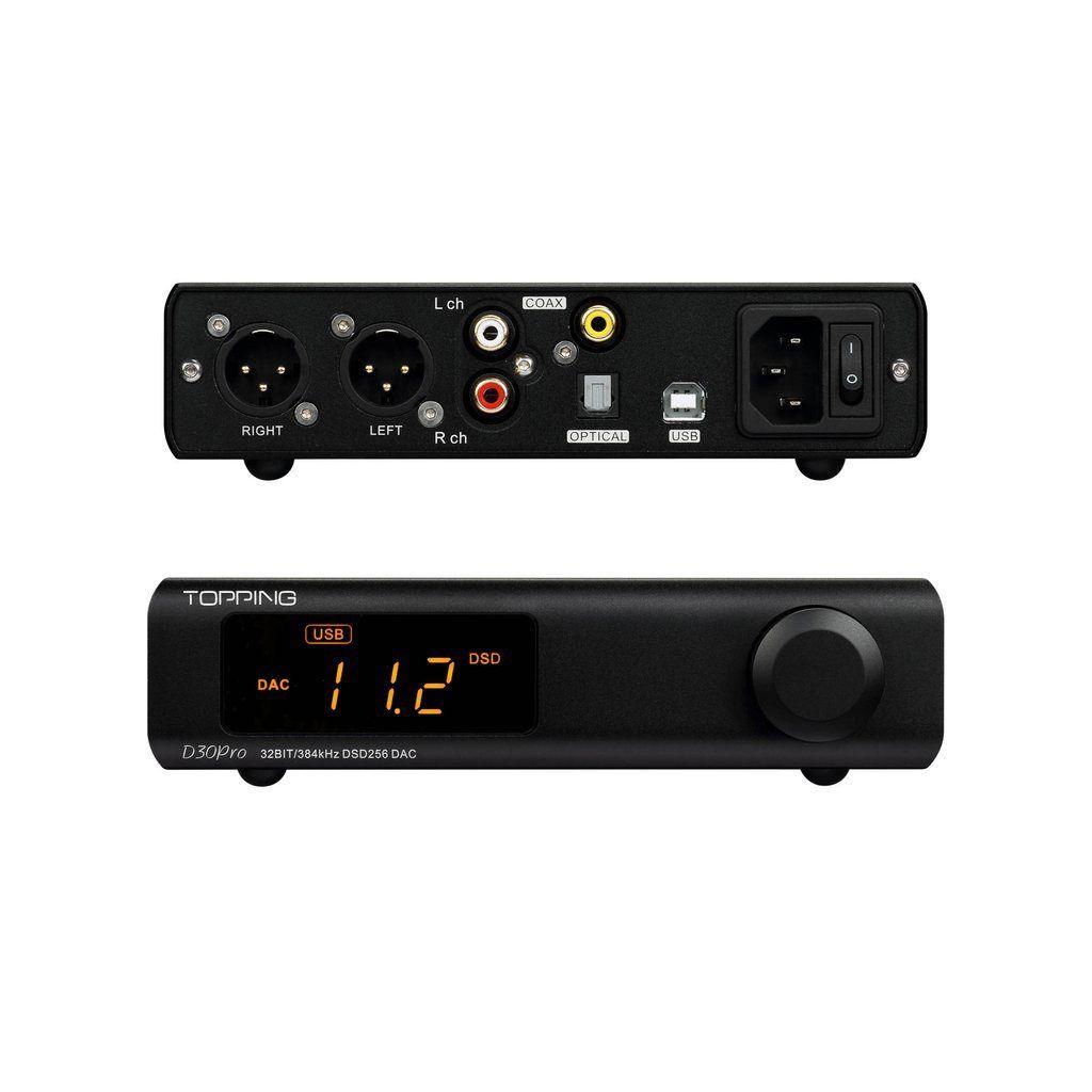 Topping D30 Pro Desktop DAC front and rear view with rear connections in black | Headphones.com