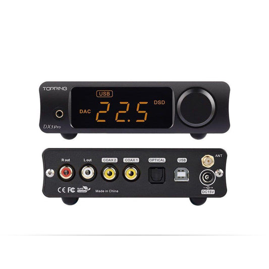 Front and back view of the Topping DX3 Pro DAC/Amp - Open Box by Topping in black, with digital display, control knob, multiple input/output ports. Supports Hi-Res Audio Wireless and functions as a Bluetooth headphone amp.