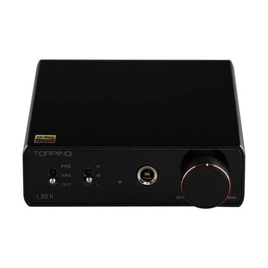 A black Topping L30 II headphone amplifier by Topping features a large volume knob, NFCA module, headphone jack, three input switches, and a Hi-Res Audio sticker on the front.
