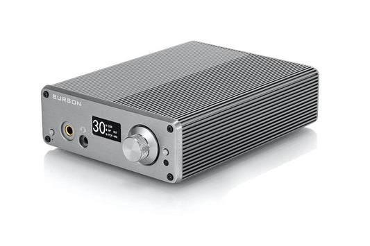 A silver Burson Audio Playmate 2 Class-A amplifier with ridged metal casing, front headphone jack, small digital display reading 30°, built-in DAC, and large volume knob, shown on a white background.